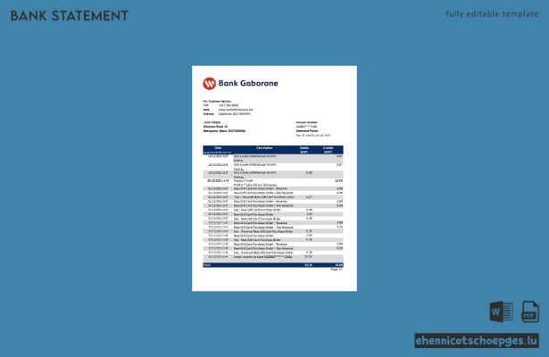 Botswana Bank Gaborone: Beispiel-Excel-Kontoauszug (Vorschau)